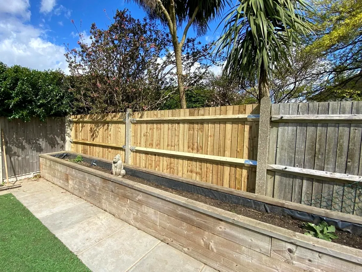 Timber sleeper raised bed with a paving strip and artificial lawn, a feather-edge fence and a cordyline palm